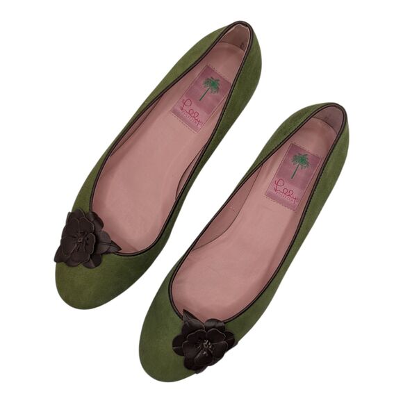 Lilly Pulitzer Olive Green Suede Brown Leather Flower Ballet Flats Women's 8.5 - Picture 3 of 12